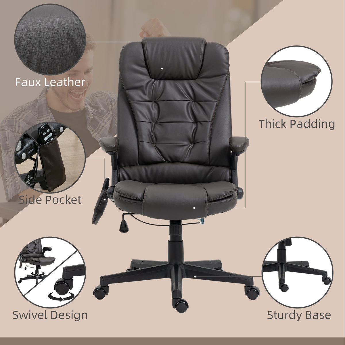 Heated Massage Office Chair - Brown Faux Leather Executive-Office Products > Office Furniture > Office Chairs > Massage Chairs-DECOROLALA