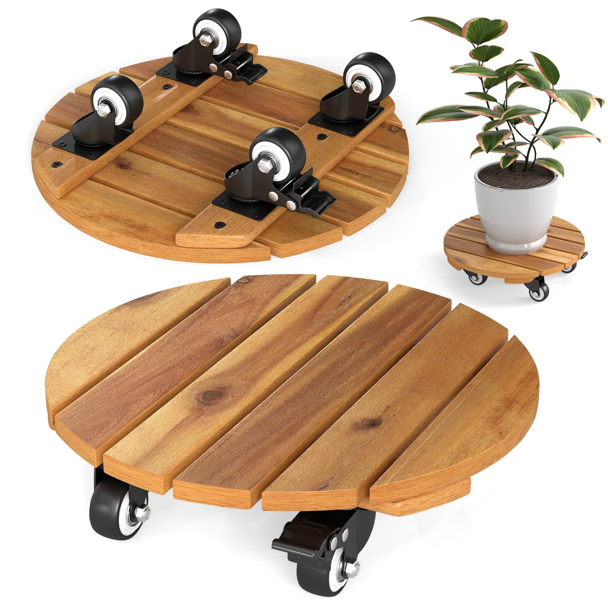 Heavy Duty Acacia Wood Rolling Plant Stand with 360° Lockable Casters-Set of 2-Plant Stands-DECOROLALA