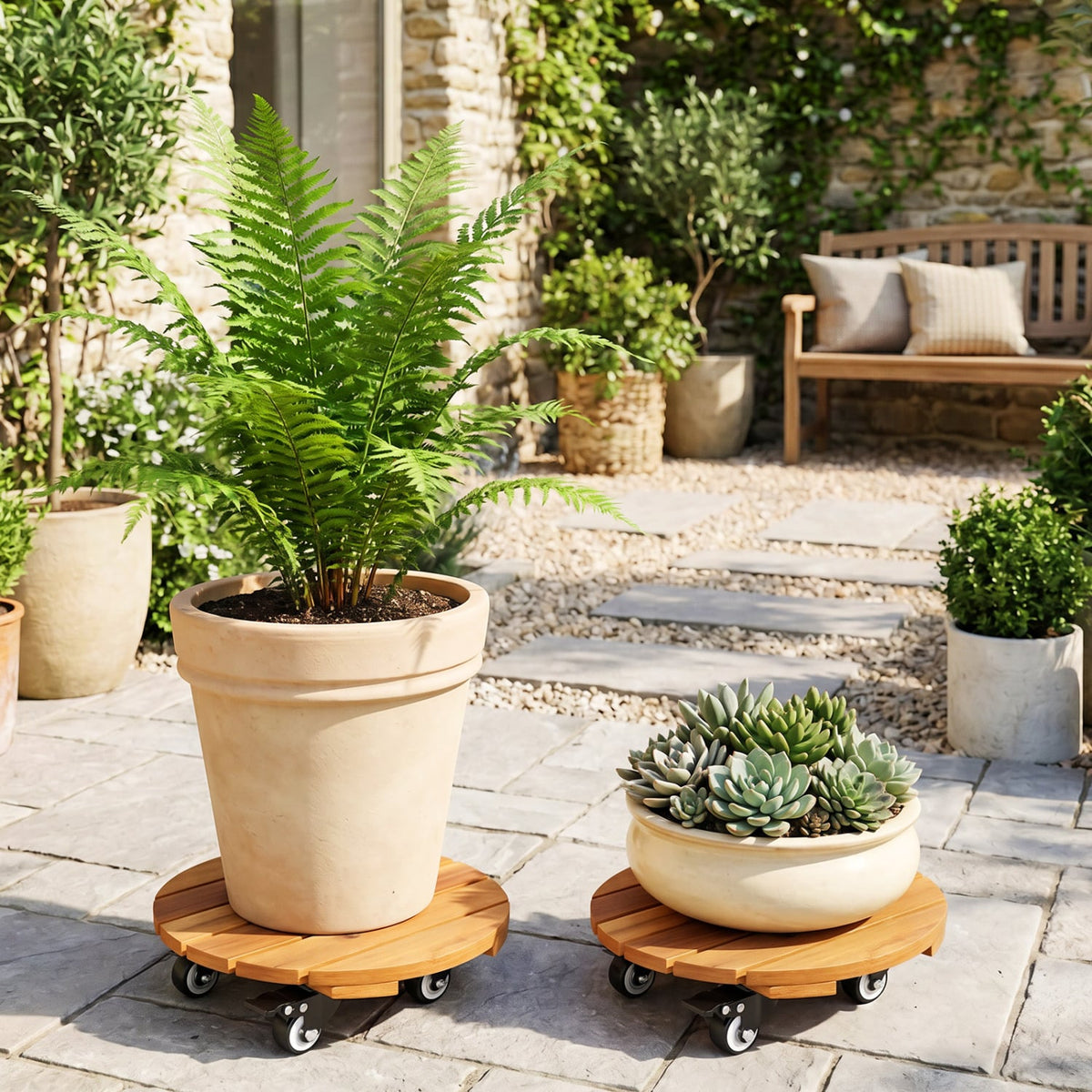 Heavy Duty Acacia Wood Rolling Plant Stand with 360° Lockable Casters-Set of 4-Plant Stands-DECOROLALA