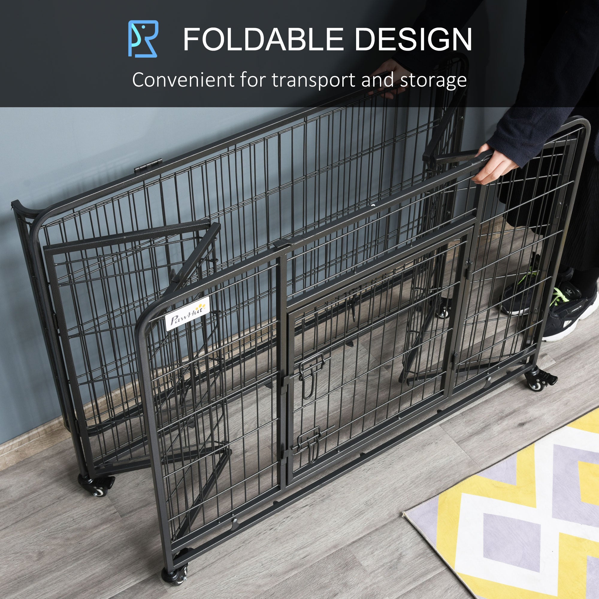 Heavy Duty Folding Dog Crate - 43" Metal Cage Dark Grey-DECOROLALA