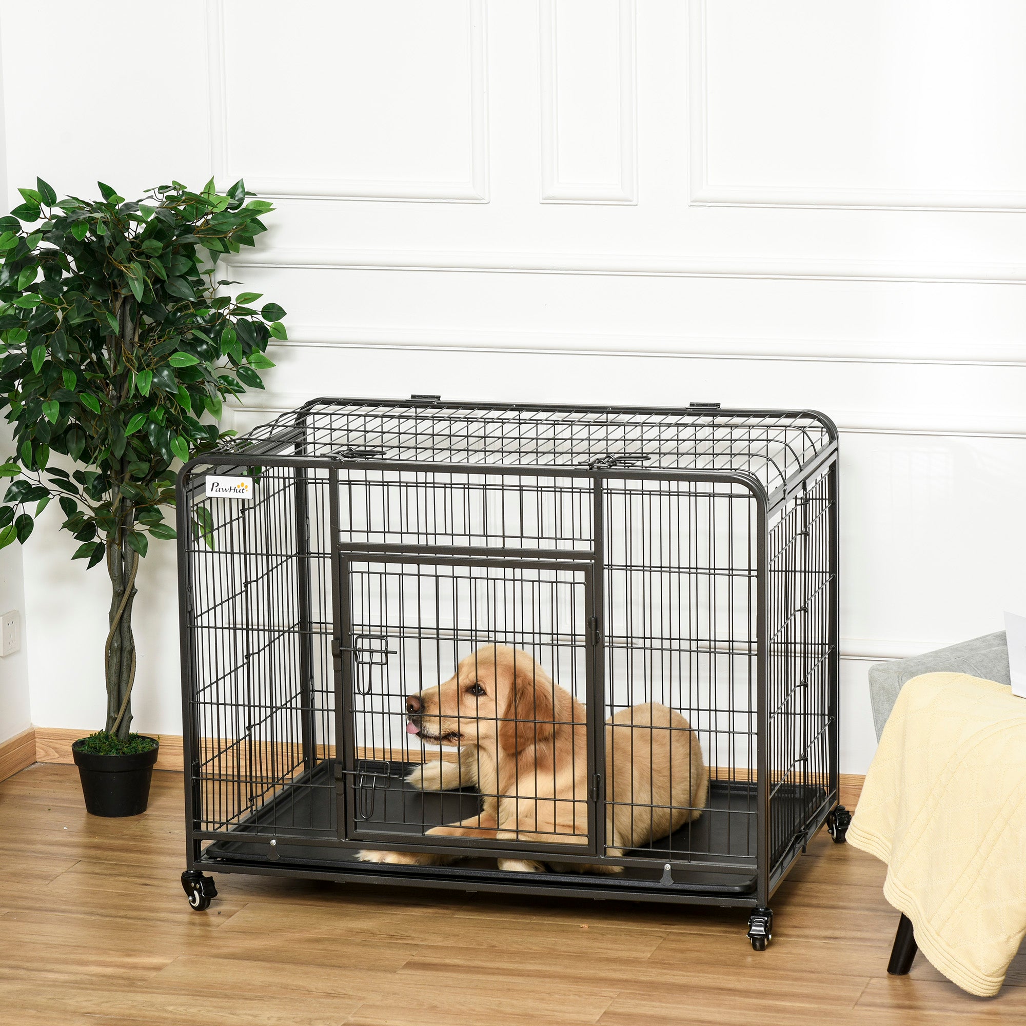 Heavy Duty Folding Dog Crate - 43" Metal Cage Dark Grey-DECOROLALA