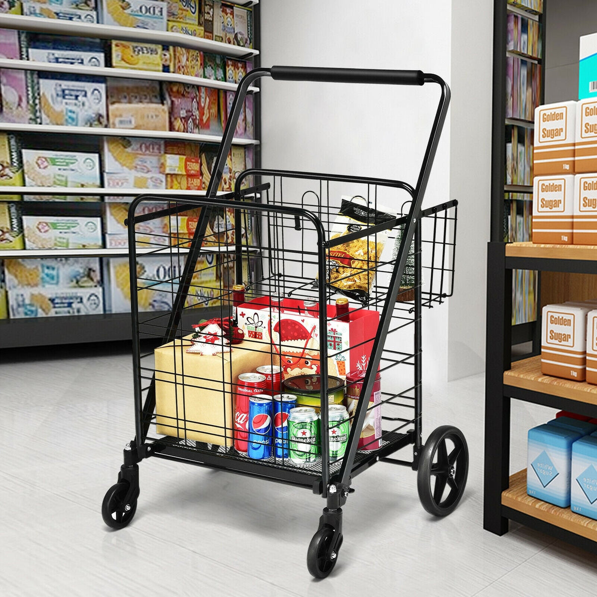 Heavy Duty Folding Utility Shopping Double Cart-Black-Kitchen Tools-DECOROLALA