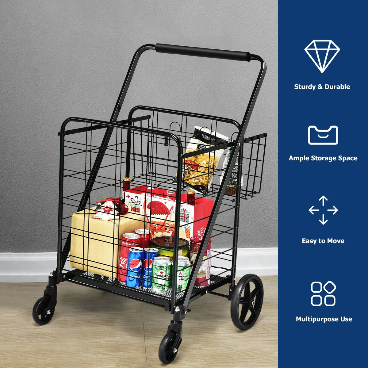 Heavy Duty Folding Utility Shopping Double Cart-Black-Kitchen Tools-DECOROLALA