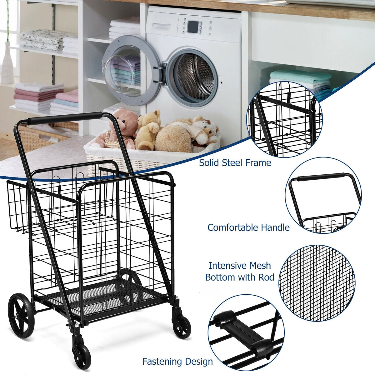 Heavy Duty Folding Utility Shopping Double Cart-Black-Kitchen Tools-DECOROLALA