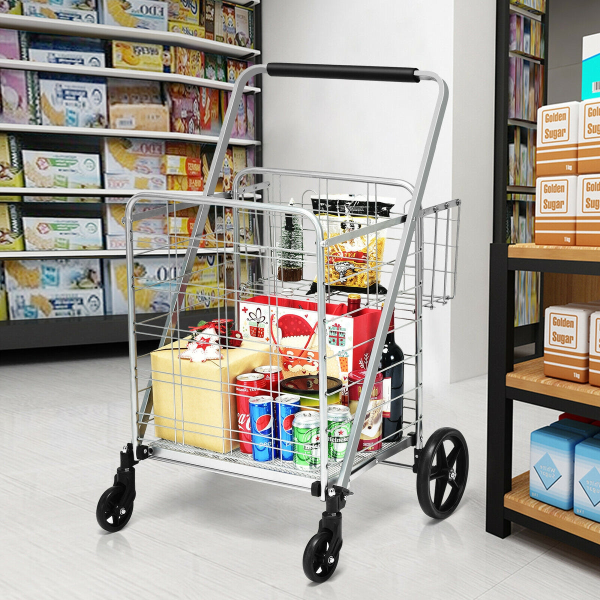 Heavy Duty Folding Utility Shopping Double Cart-Silver-Kitchen Tools-DECOROLALA