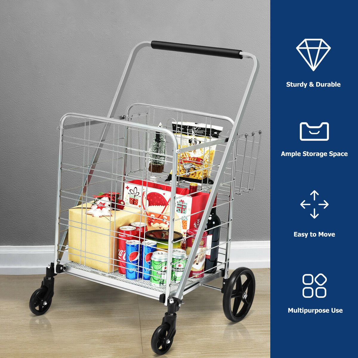 Heavy Duty Folding Utility Shopping Double Cart-Silver-Kitchen Tools-DECOROLALA