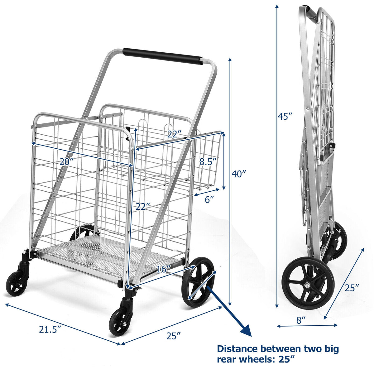 Heavy Duty Folding Utility Shopping Double Cart-Silver-Kitchen Tools-DECOROLALA