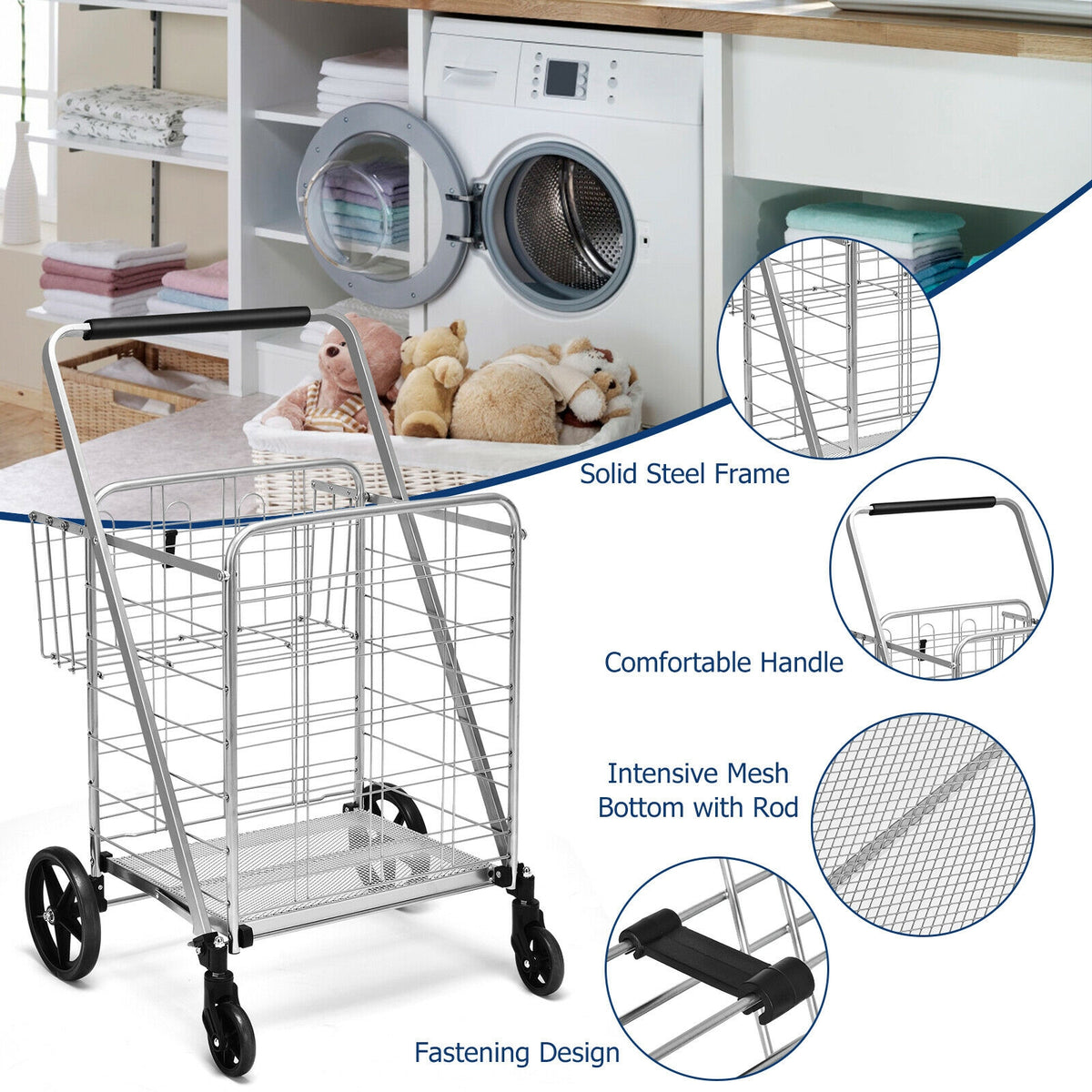 Heavy Duty Folding Utility Shopping Double Cart-Silver-Kitchen Tools-DECOROLALA