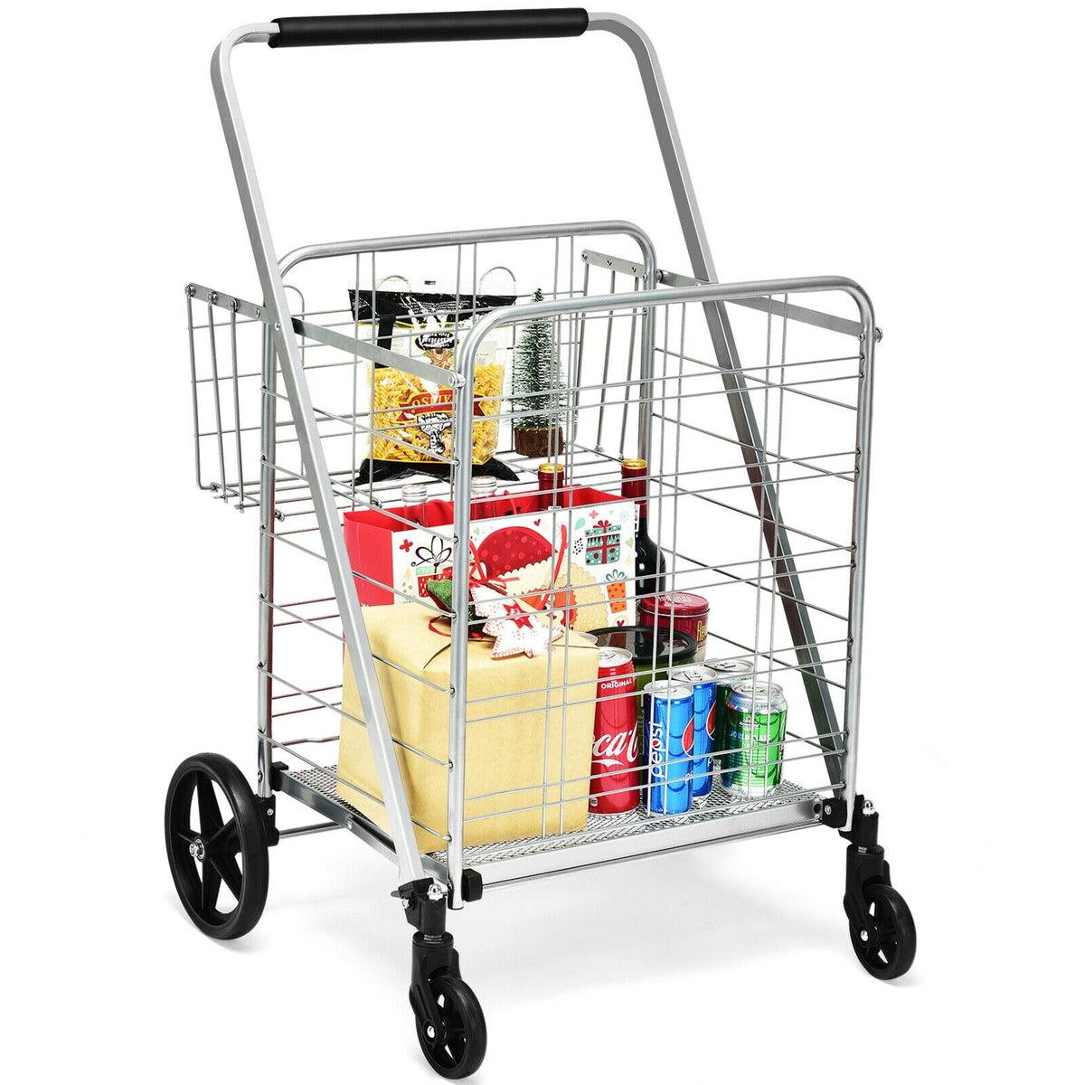 Heavy Duty Folding Utility Shopping Double Cart-Silver-Kitchen Tools-DECOROLALA
