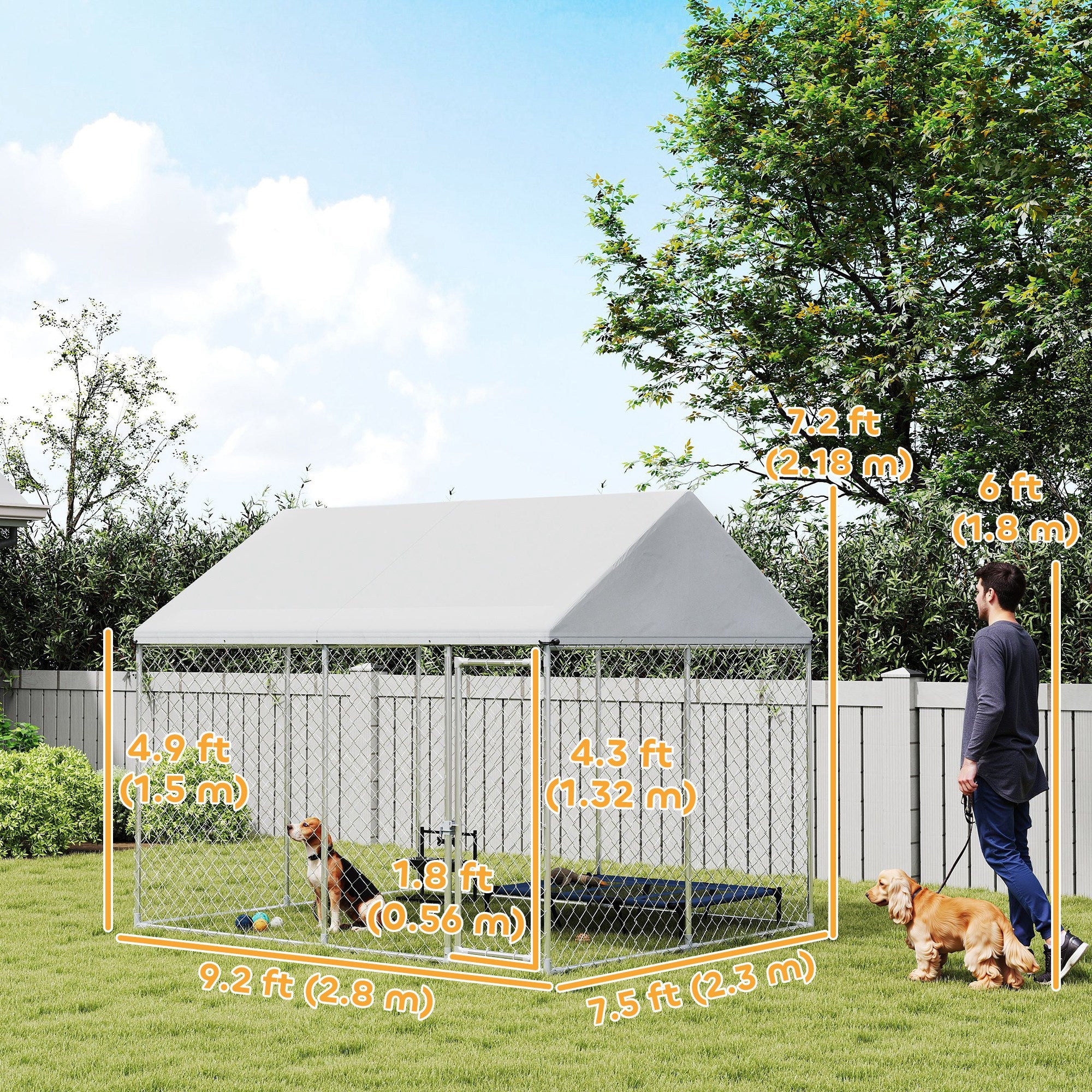 Heavy Duty Galvanized Steel Outdoor Dog Kennel with Waterproof Roof, Safety Lockable Latch System, 9.2' x 7.5' x 7.2'-Dogs-DECOROLALA