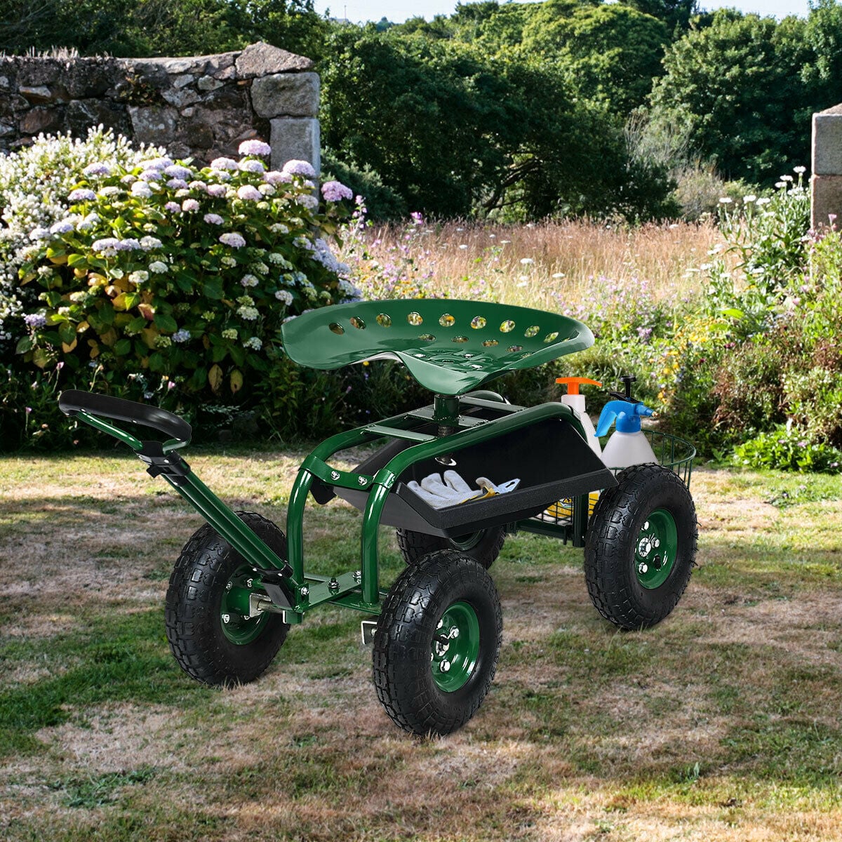 Heavy Duty Garden Cart with Tool Tray and 360 Swivel Seat-Green-Garden Carts-DECOROLALA