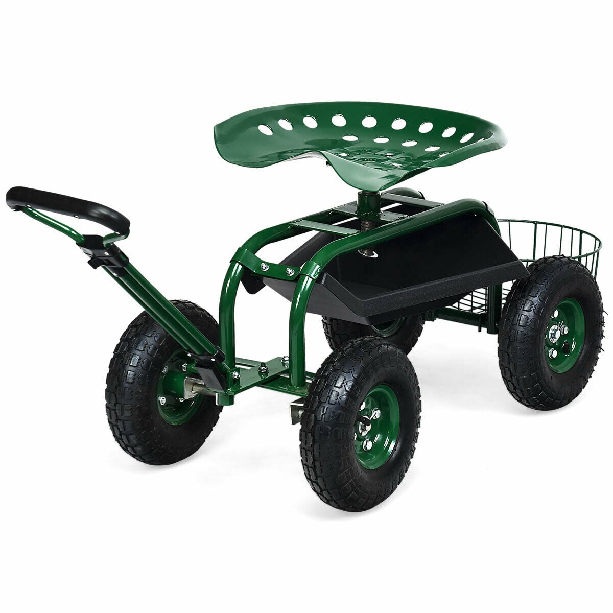 Heavy Duty Garden Cart with Tool Tray and 360 Swivel Seat-Green-Garden Carts-DECOROLALA