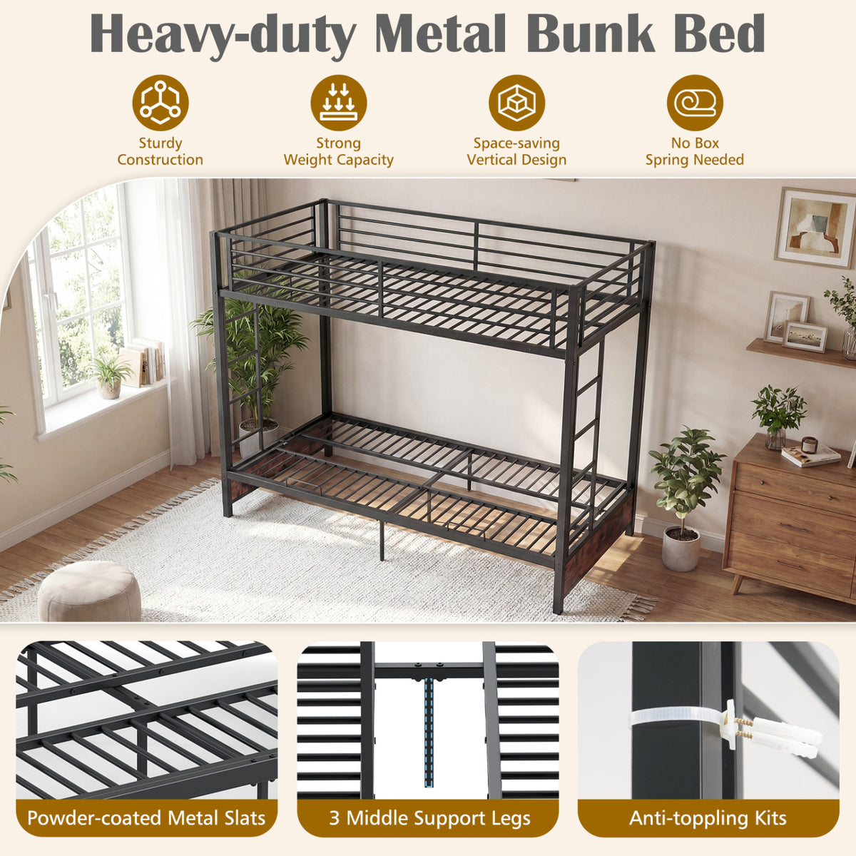 Heavy Duty Metal Bunk Bed Frame with Headboard and Footboard-Rustic Brown-Bunk Bed Frame-DECOROLALA