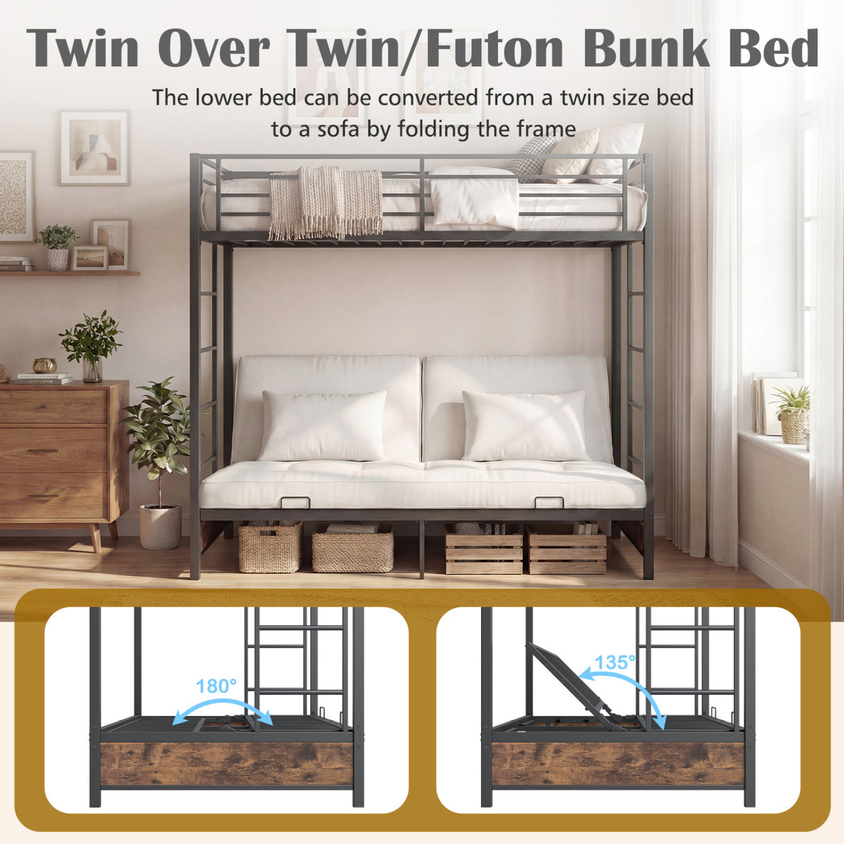 Heavy Duty Metal Bunk Bed Frame with Headboard and Footboard-Rustic Brown-Bunk Bed Frame-DECOROLALA