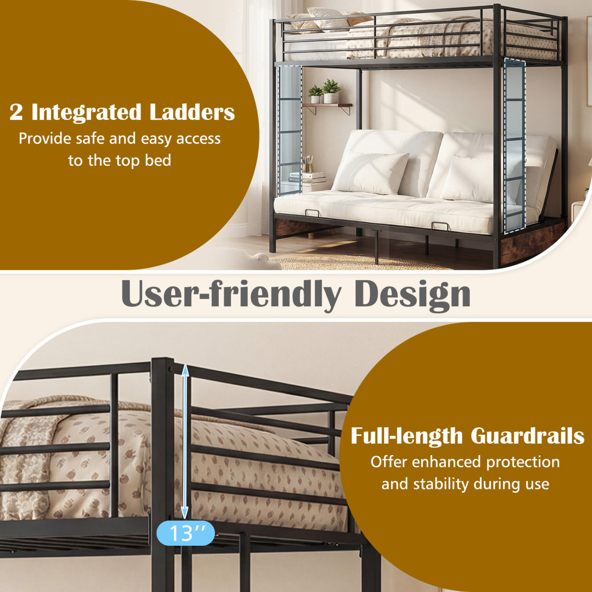 Heavy Duty Metal Bunk Bed Frame with Headboard and Footboard-Rustic Brown-Bunk Bed Frame-DECOROLALA