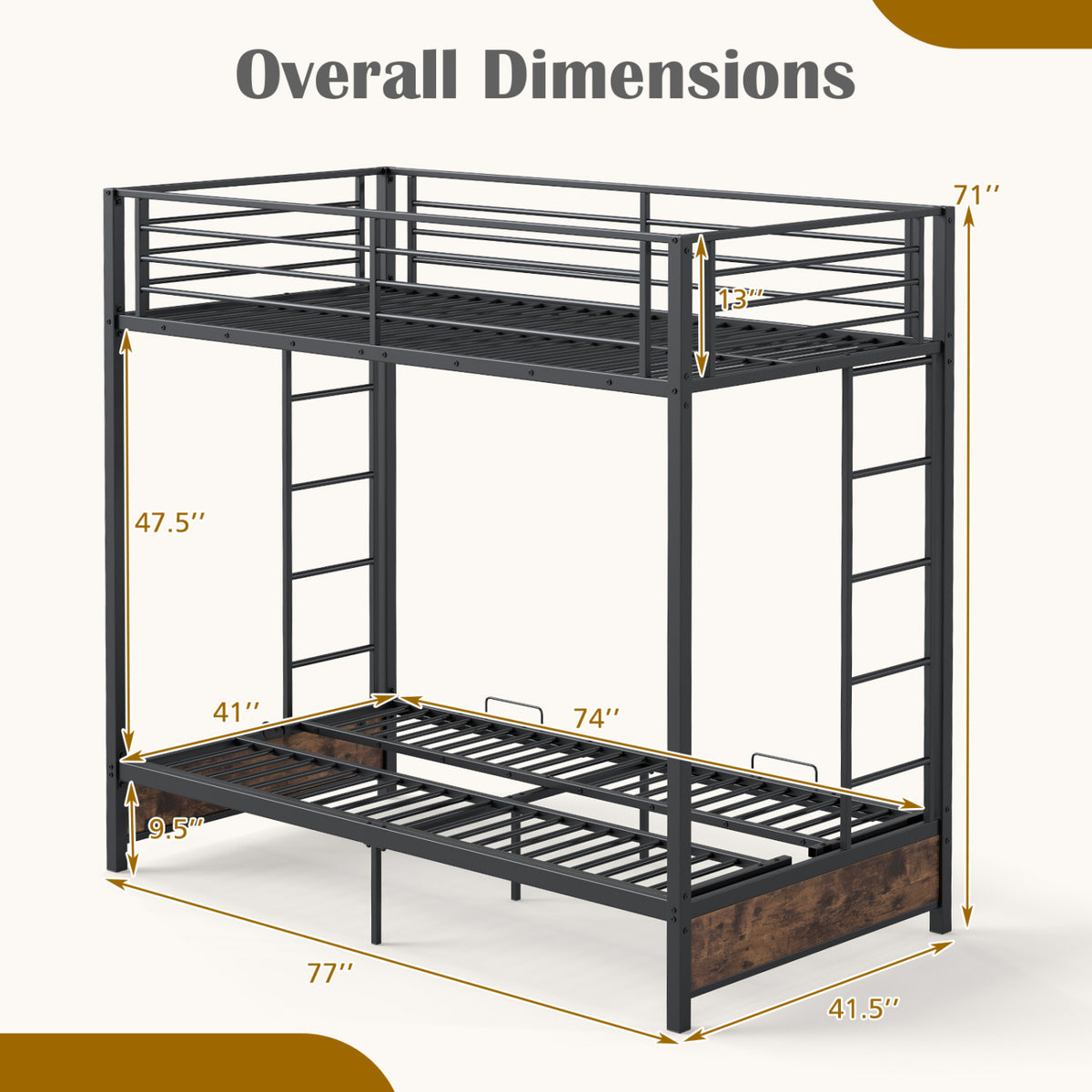 Heavy Duty Metal Bunk Bed Frame with Headboard and Footboard-Rustic Brown-Bunk Bed Frame-DECOROLALA