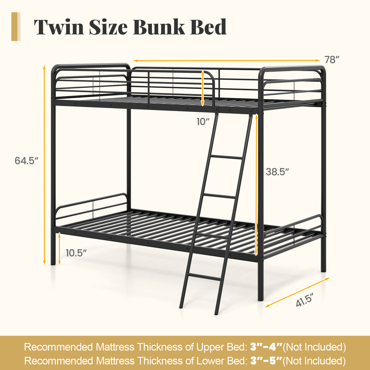 Heavy Duty Metal Bunk Bed with Ladder and Safety Guardrails-Black-Bunk Bed Frame-DECOROLALA