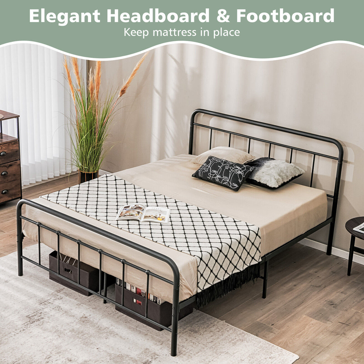 Heavy Duty Metal Platform Bed Frame with Headboard-Queen Size-Simple Bed Frame-DECOROLALA