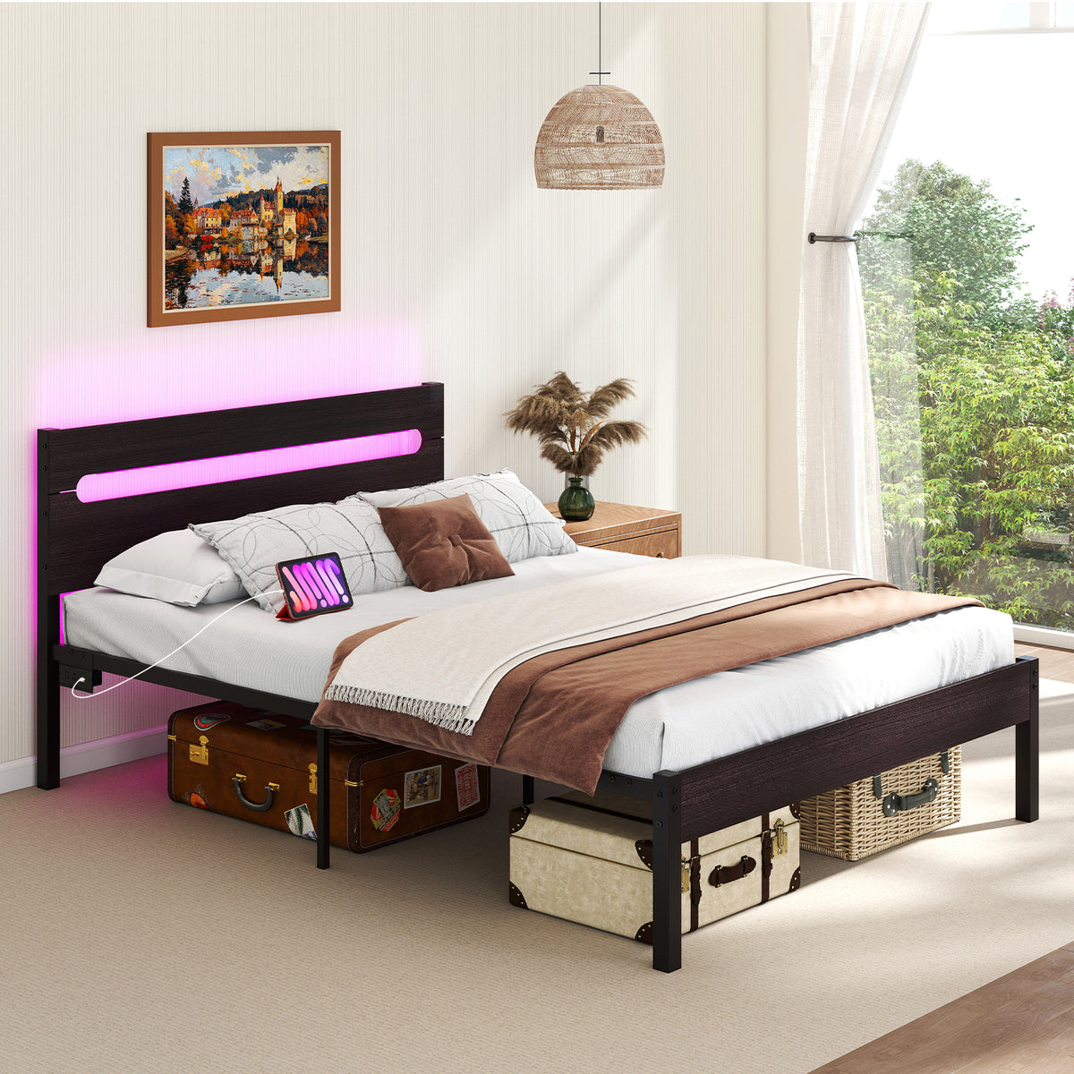 Heavy-Duty Metal Slats Support Bed Platform with Charging Station-Walunt-Simple Bed Frame-DECOROLALA