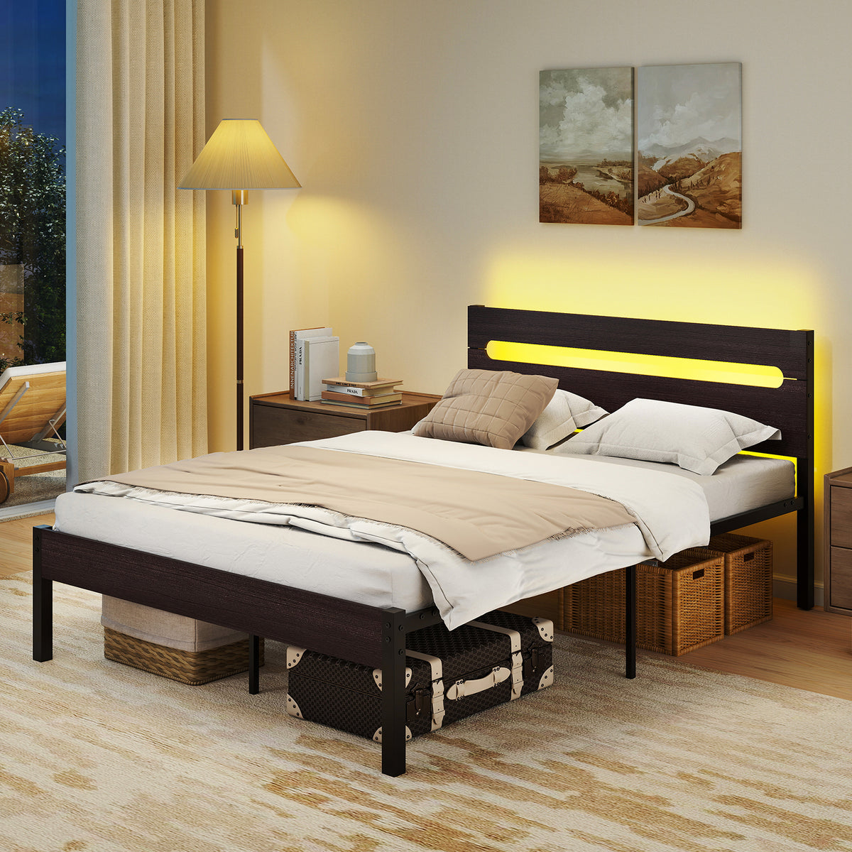 Heavy-Duty Metal Slats Support Bed Platform with Charging Station-Walunt-Simple Bed Frame-DECOROLALA
