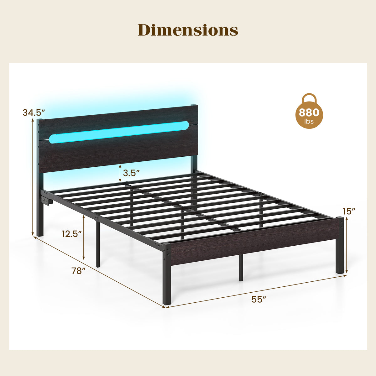 Heavy-Duty Metal Slats Support Bed Platform with Charging Station-Walunt-Simple Bed Frame-DECOROLALA