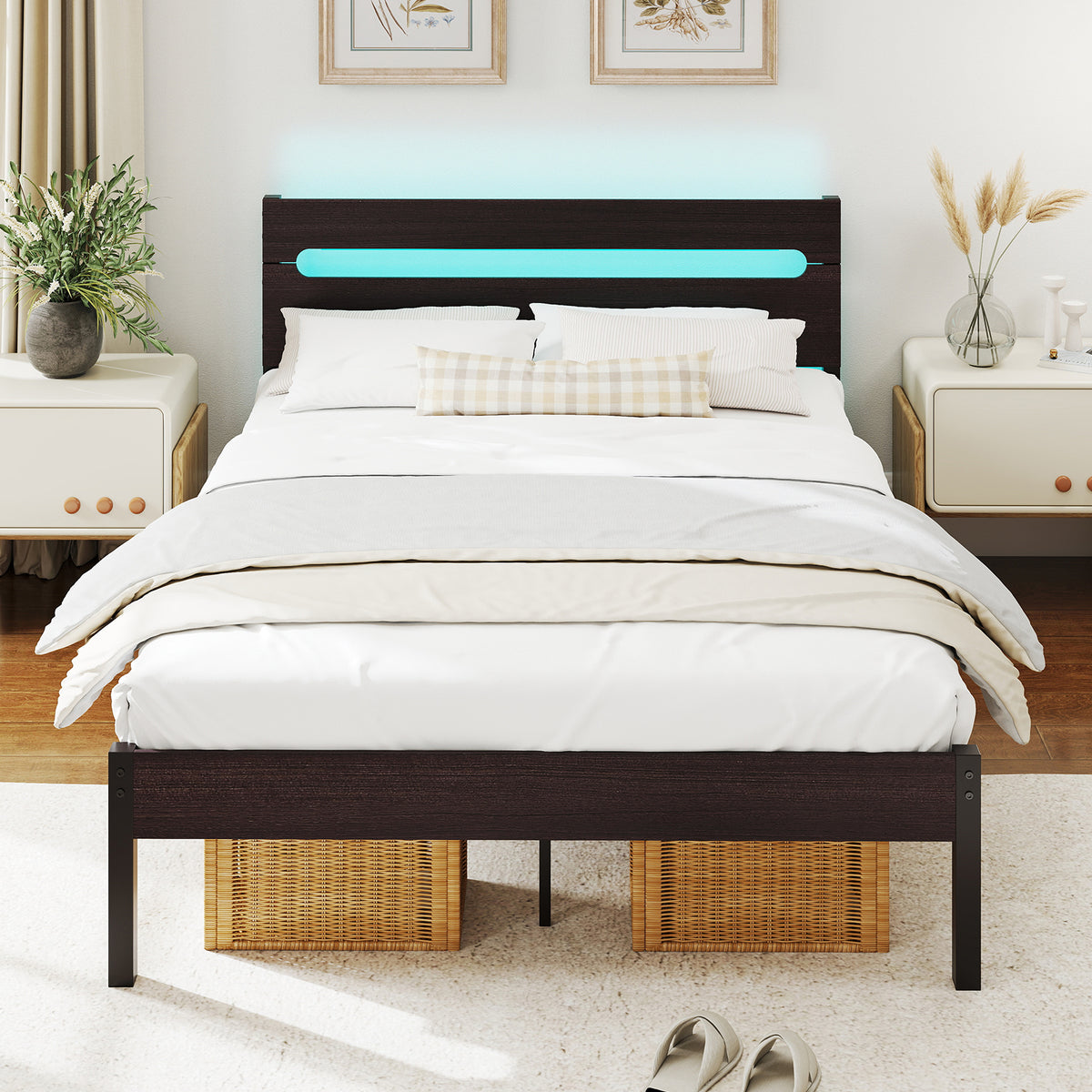 Heavy-Duty Metal Slats Support Bed Platform with Charging Station-Walunt-Simple Bed Frame-DECOROLALA