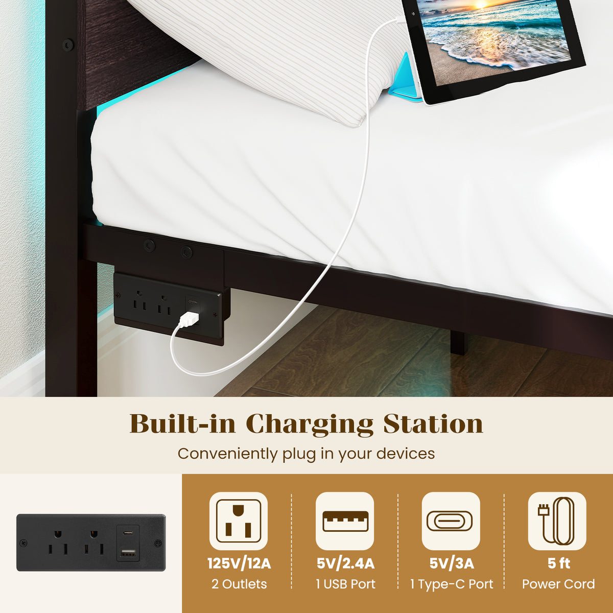 Heavy-Duty Metal Slats Support Bed Platform with Charging Station-Walunt-Simple Bed Frame-DECOROLALA