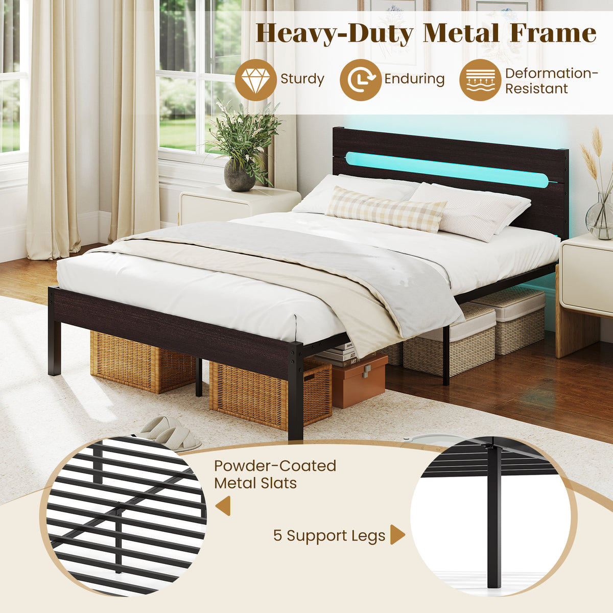 Heavy-Duty Metal Slats Support Bed Platform with Charging Station-Walunt-Simple Bed Frame-DECOROLALA