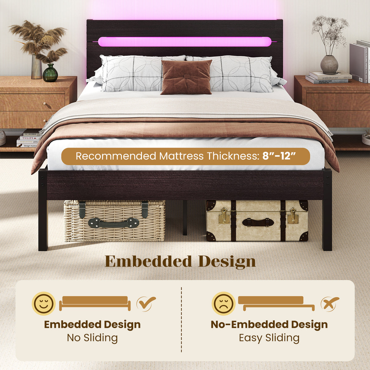 Heavy-Duty Metal Slats Support Bed Platform with Charging Station-Walunt-Simple Bed Frame-DECOROLALA