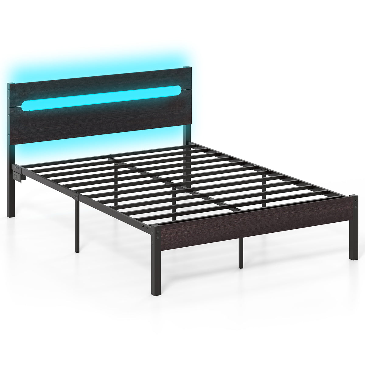 Heavy-Duty Metal Slats Support Bed Platform with Charging Station-Walunt-Simple Bed Frame-DECOROLALA