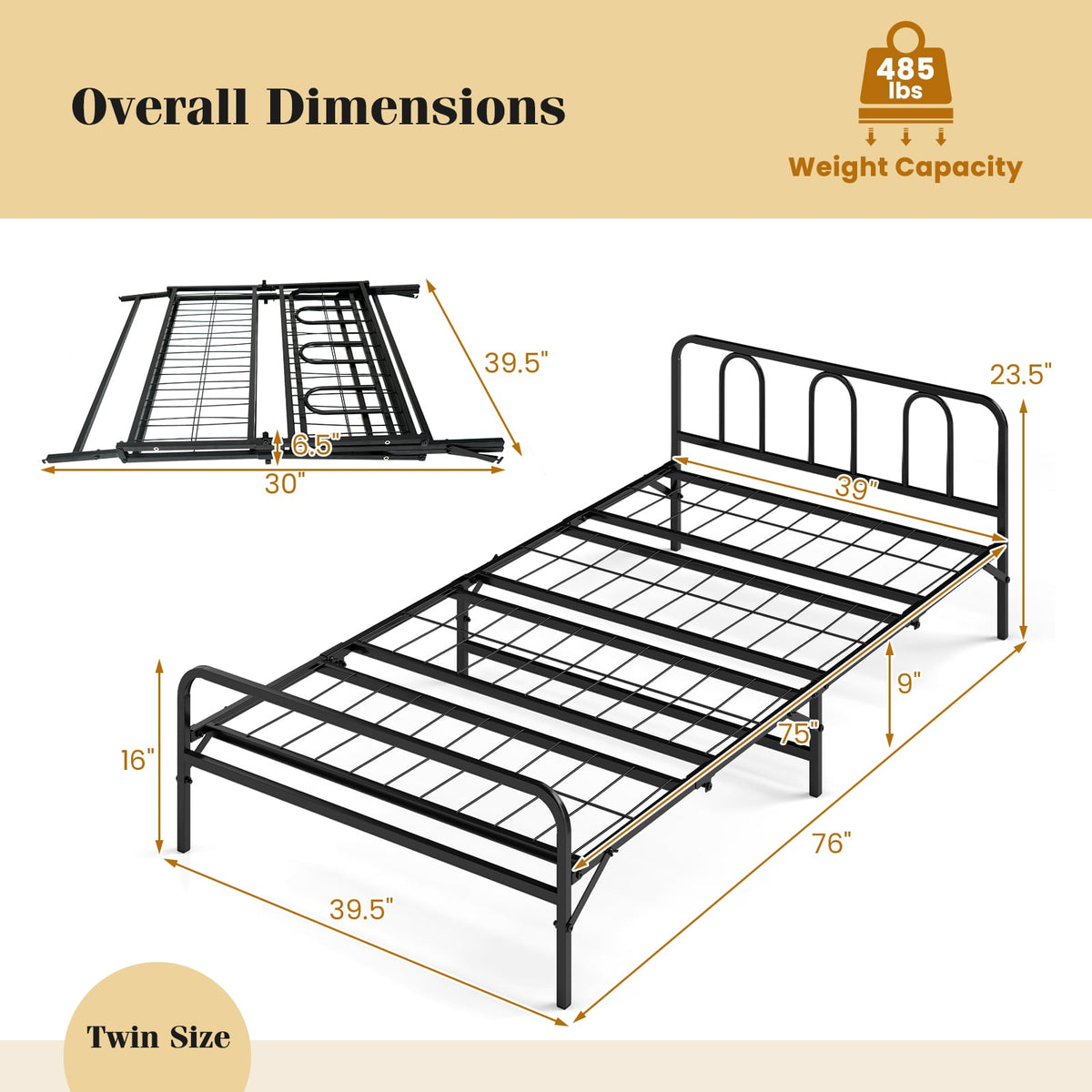 Heavy Duty Metal Twin Foldable Bed Frame with Headboard & Footboard-Black-Folding Beds-DECOROLALA