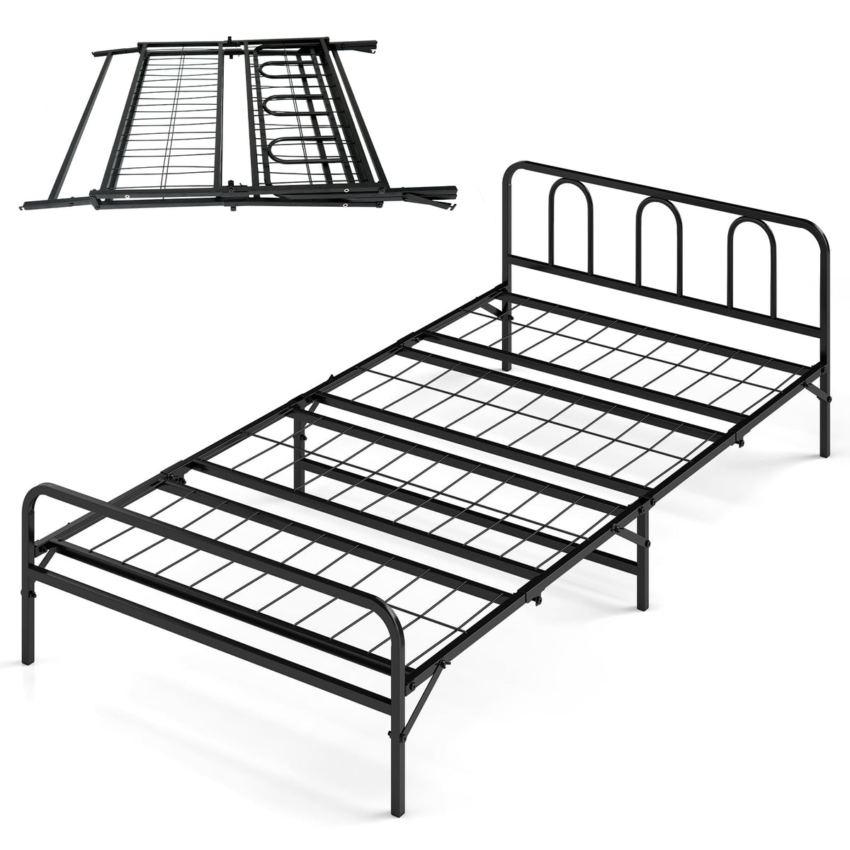 Heavy Duty Metal Twin Foldable Bed Frame with Headboard & Footboard-Black-Folding Beds-DECOROLALA