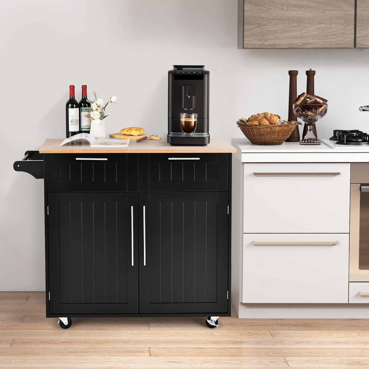 Heavy Duty Rolling Kitchen Cart with Tower Holder and Drawer-Black-Kitchen Islands & Carts-DECOROLALA