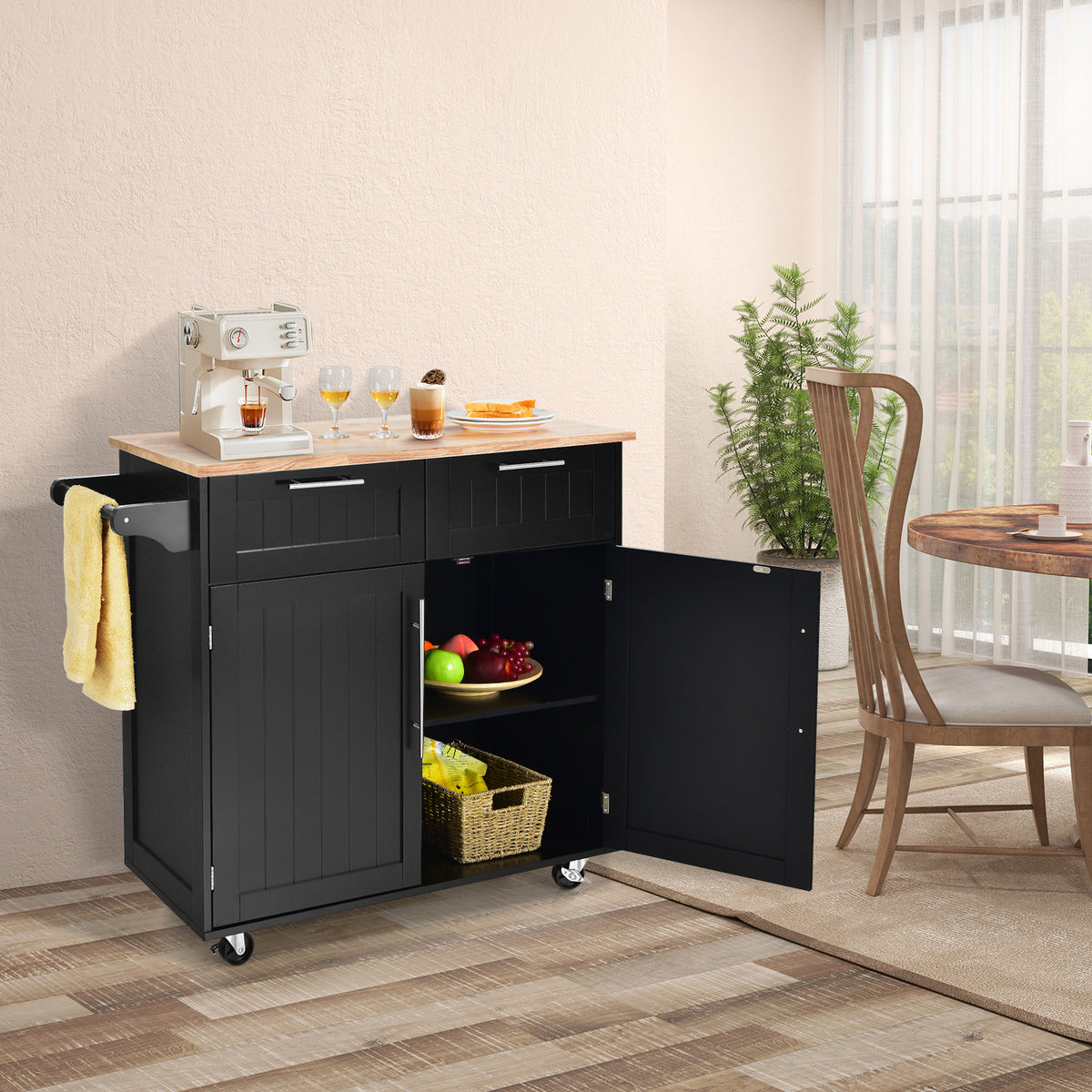 Heavy Duty Rolling Kitchen Cart with Tower Holder and Drawer-Black-Kitchen Islands & Carts-DECOROLALA