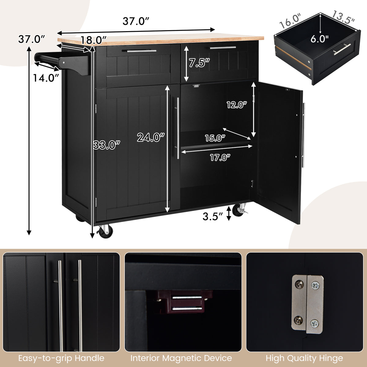 Heavy Duty Rolling Kitchen Cart with Tower Holder and Drawer-Black-Kitchen Islands & Carts-DECOROLALA
