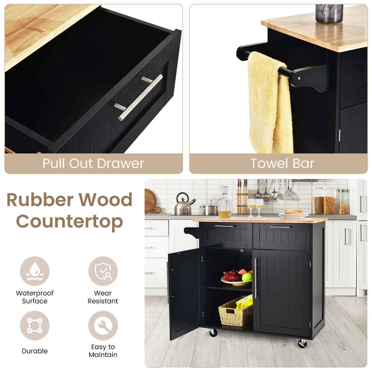 Heavy Duty Rolling Kitchen Cart with Tower Holder and Drawer-Black-Kitchen Islands & Carts-DECOROLALA