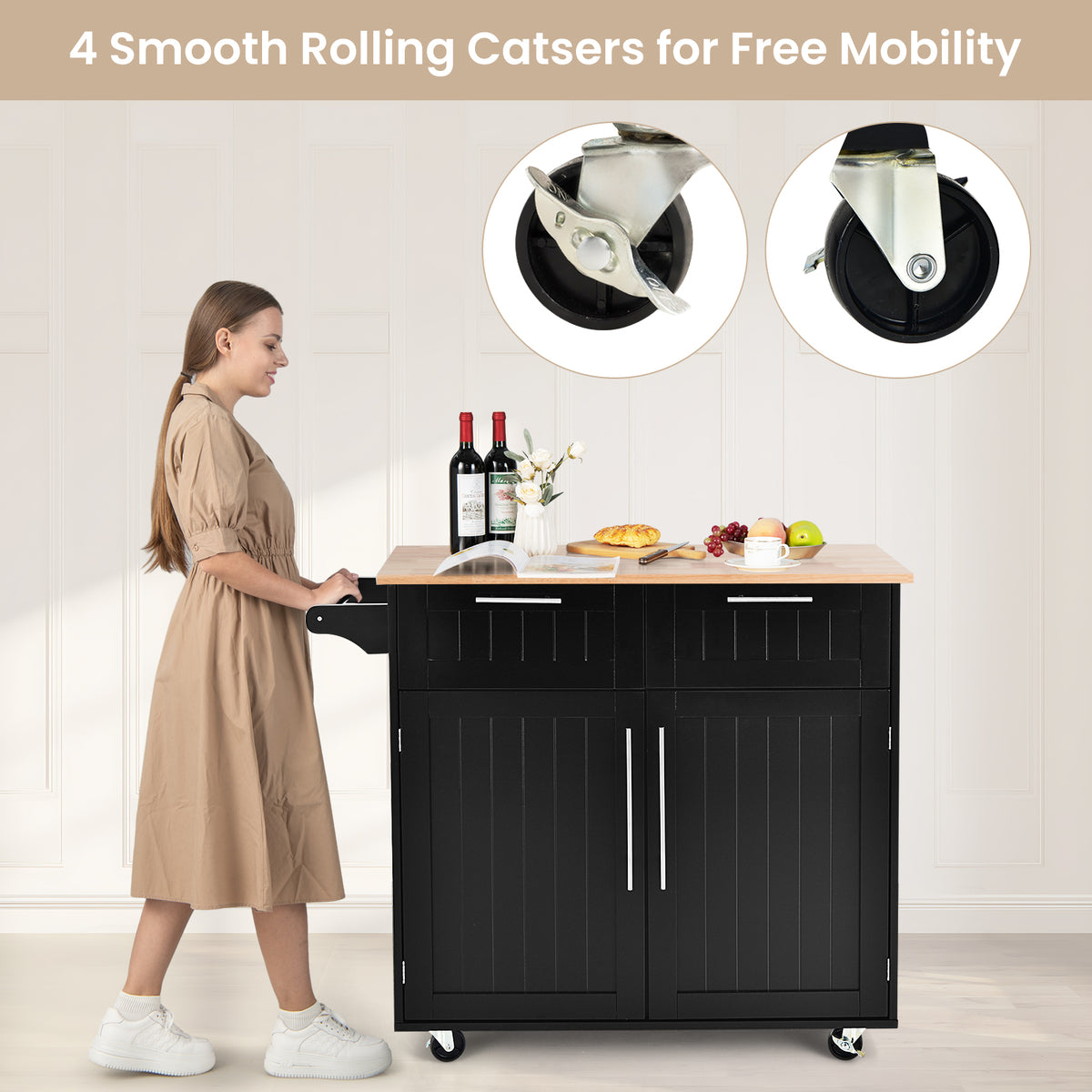 Heavy Duty Rolling Kitchen Cart with Tower Holder and Drawer-Black-Kitchen Islands & Carts-DECOROLALA