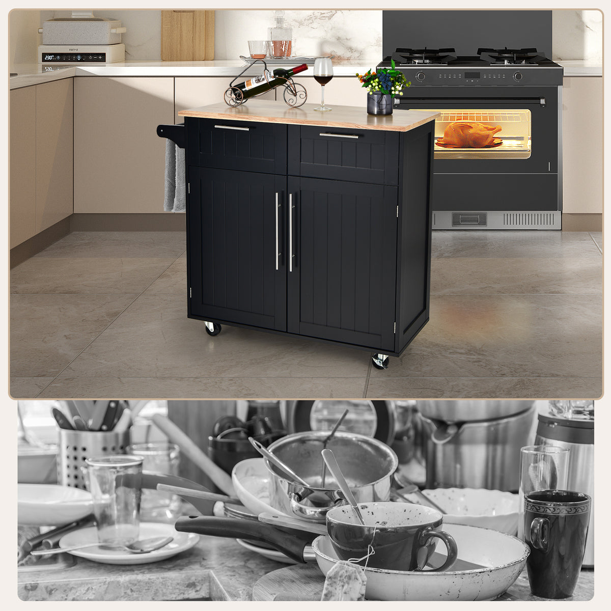 Heavy Duty Rolling Kitchen Cart with Tower Holder and Drawer-Black-Kitchen Islands & Carts-DECOROLALA