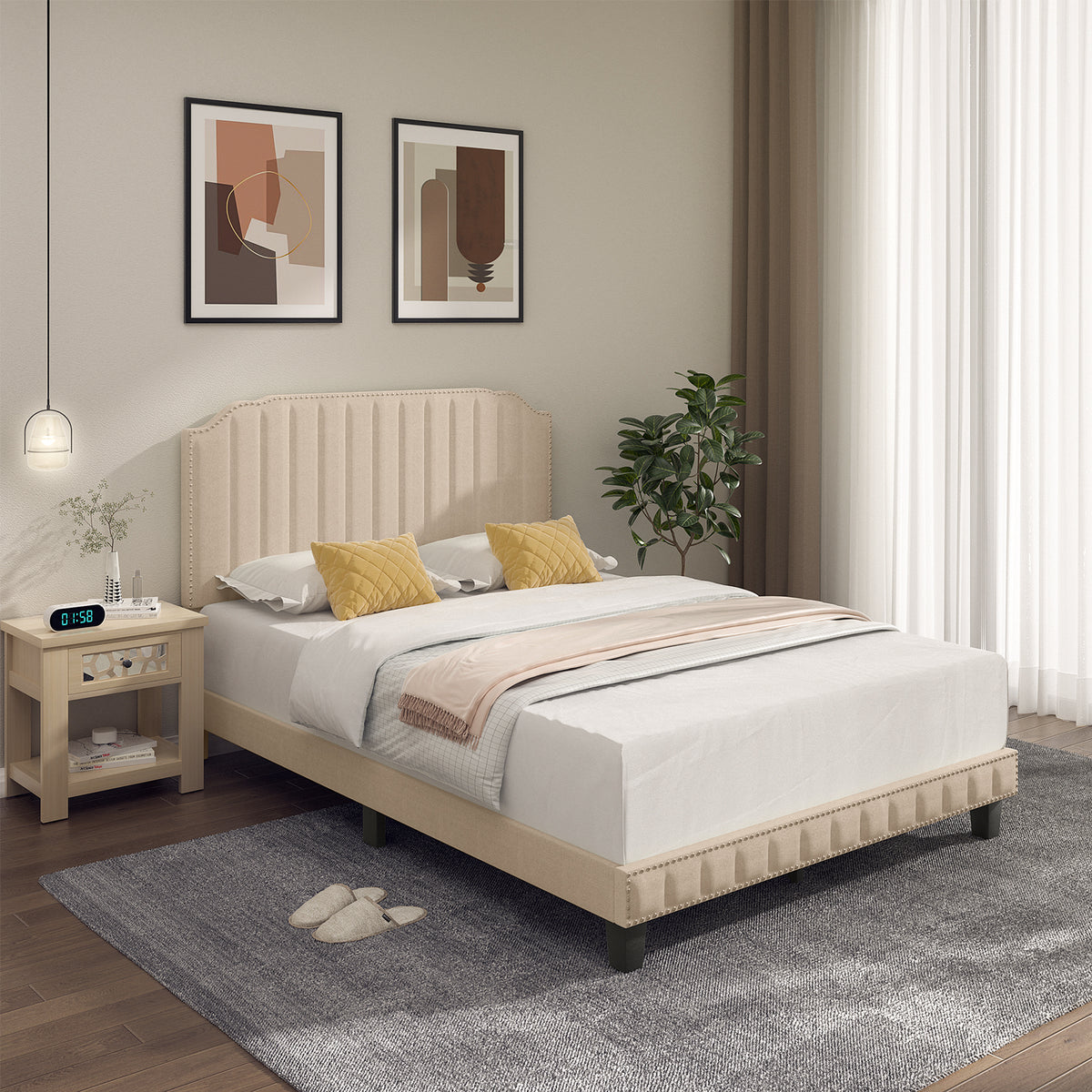 Heavy Duty Upholstered Bed Frame with Rivet Headboard-Full Size-Simple Bed Frame-DECOROLALA