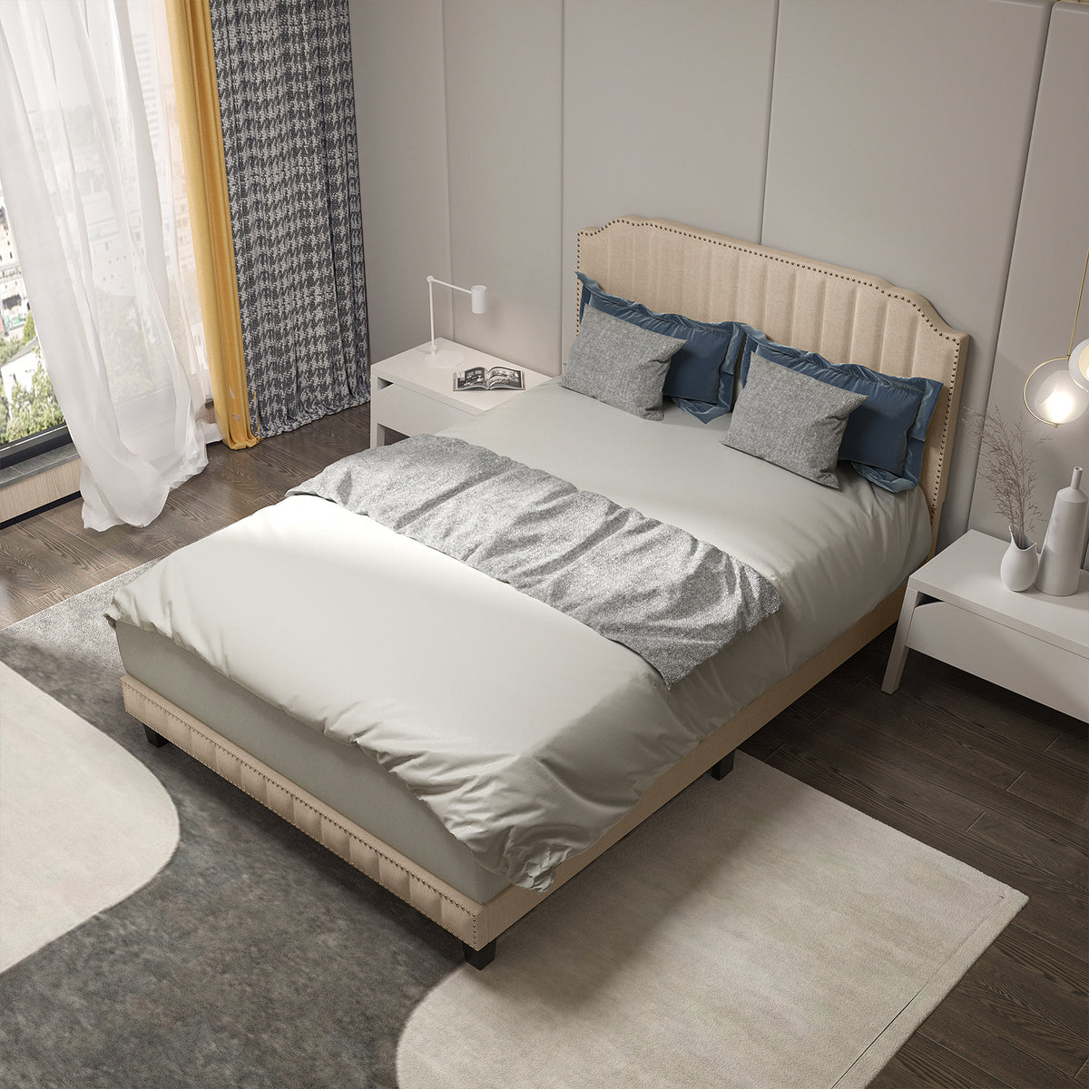 Heavy Duty Upholstered Bed Frame with Rivet Headboard-Full Size-Simple Bed Frame-DECOROLALA