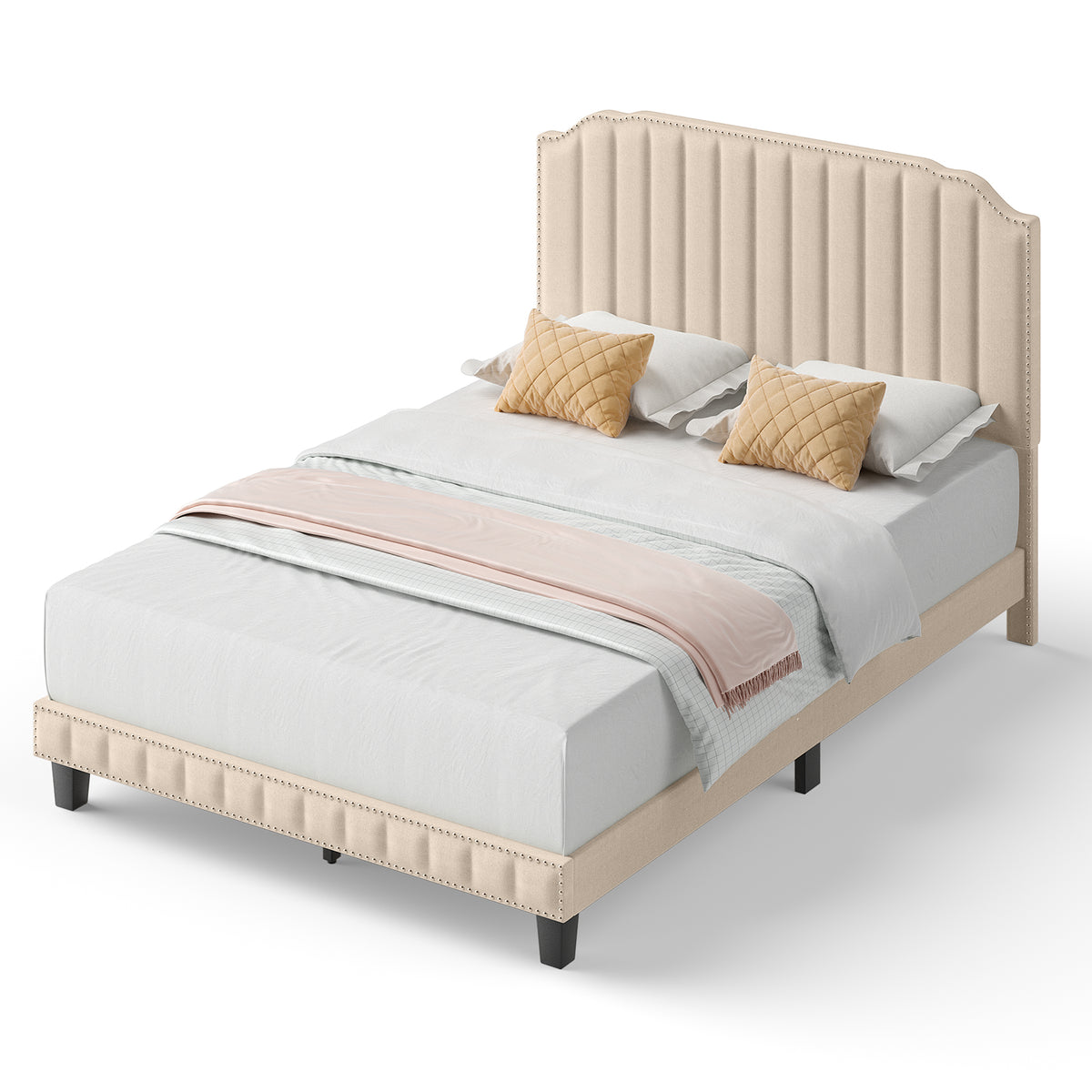 Heavy Duty Upholstered Bed Frame with Rivet Headboard-Full Size-Simple Bed Frame-DECOROLALA