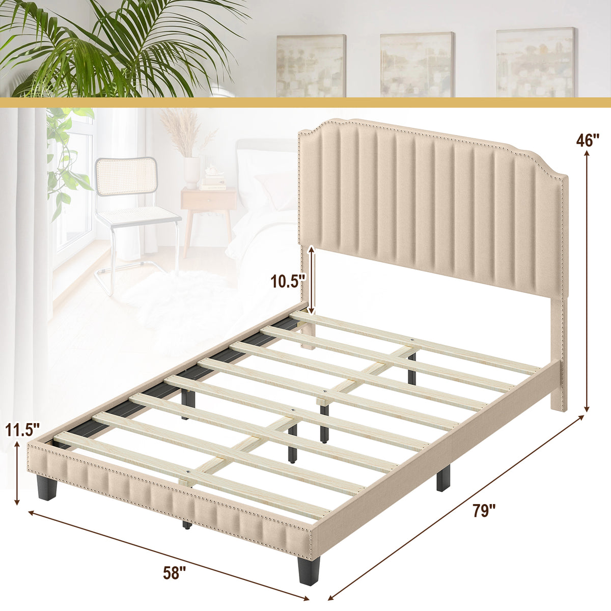 Heavy Duty Upholstered Bed Frame with Rivet Headboard-Full Size-Simple Bed Frame-DECOROLALA