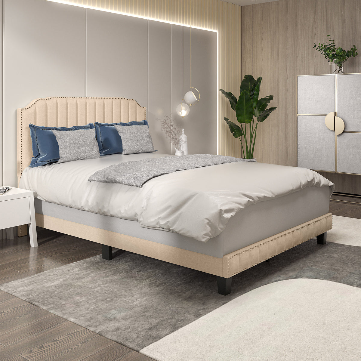 Heavy Duty Upholstered Bed Frame with Rivet Headboard-Full Size-Simple Bed Frame-DECOROLALA