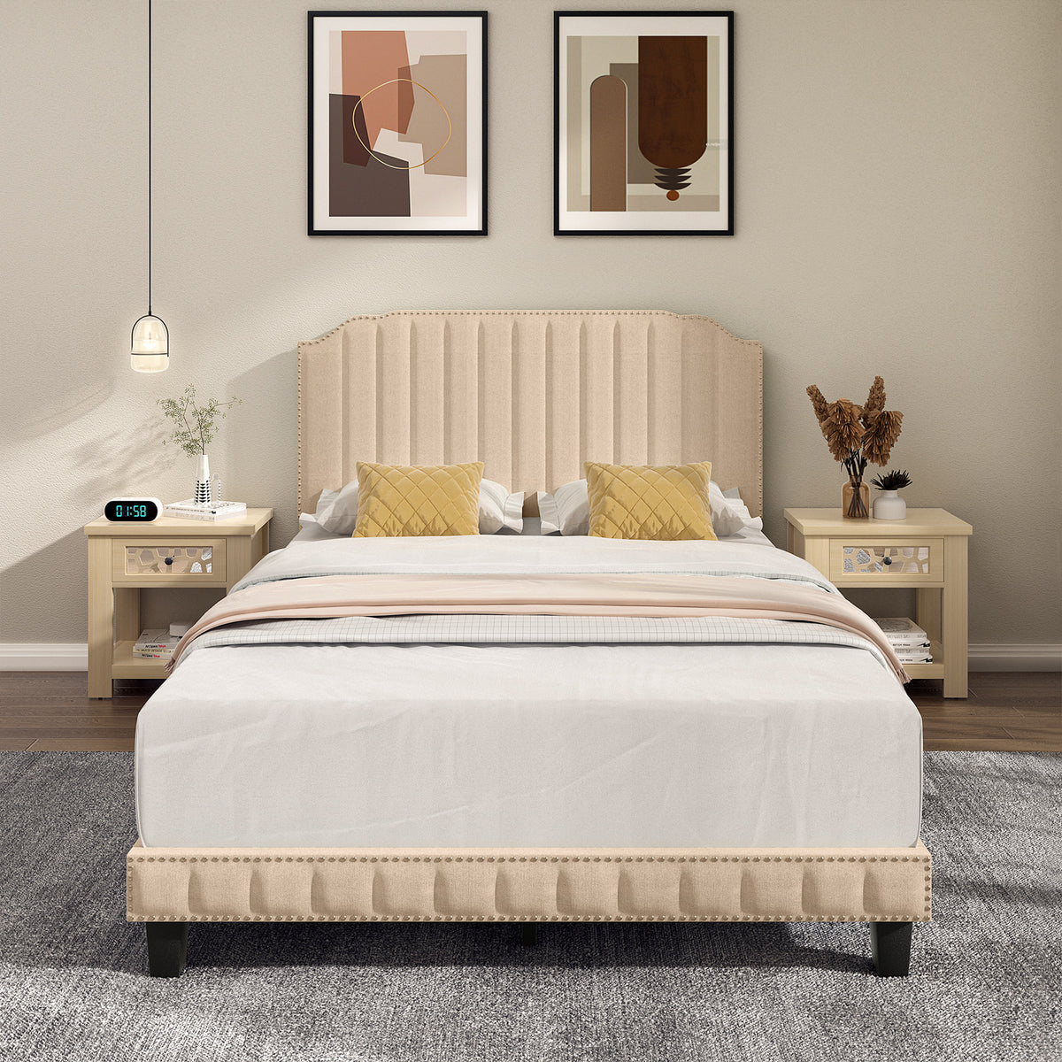 Heavy Duty Upholstered Bed Frame with Rivet Headboard-Full Size-Simple Bed Frame-DECOROLALA