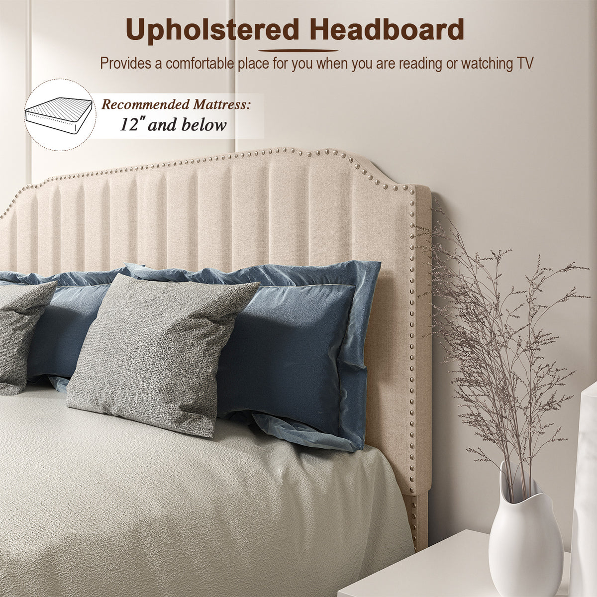 Heavy Duty Upholstered Bed Frame with Rivet Headboard-Full Size-Simple Bed Frame-DECOROLALA
