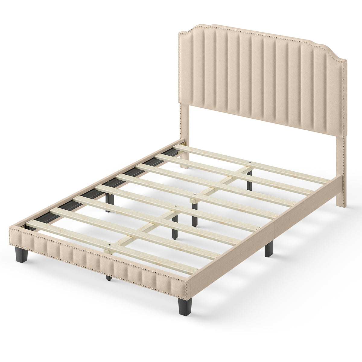 Heavy Duty Upholstered Bed Frame with Rivet Headboard-Full Size-Simple Bed Frame-DECOROLALA