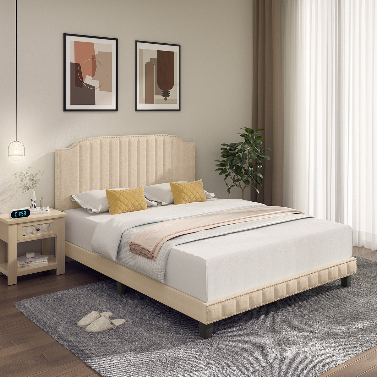 Heavy Duty Upholstered Bed Frame with Rivet Headboard-Queen Size-Simple Bed Frame-DECOROLALA