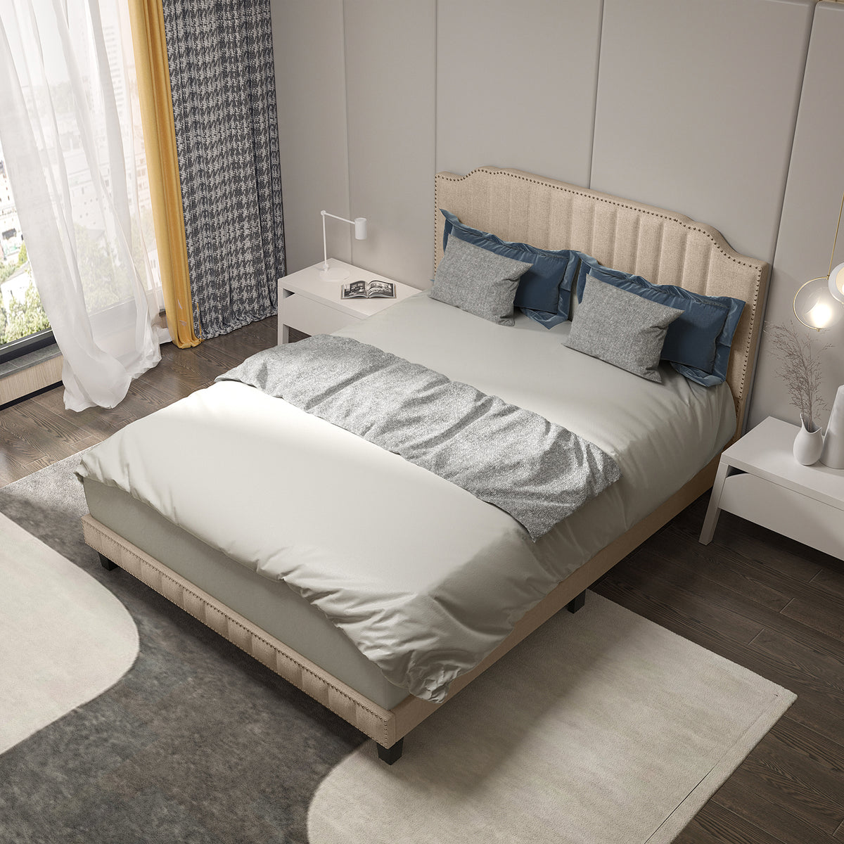 Heavy Duty Upholstered Bed Frame with Rivet Headboard-Queen Size-Simple Bed Frame-DECOROLALA