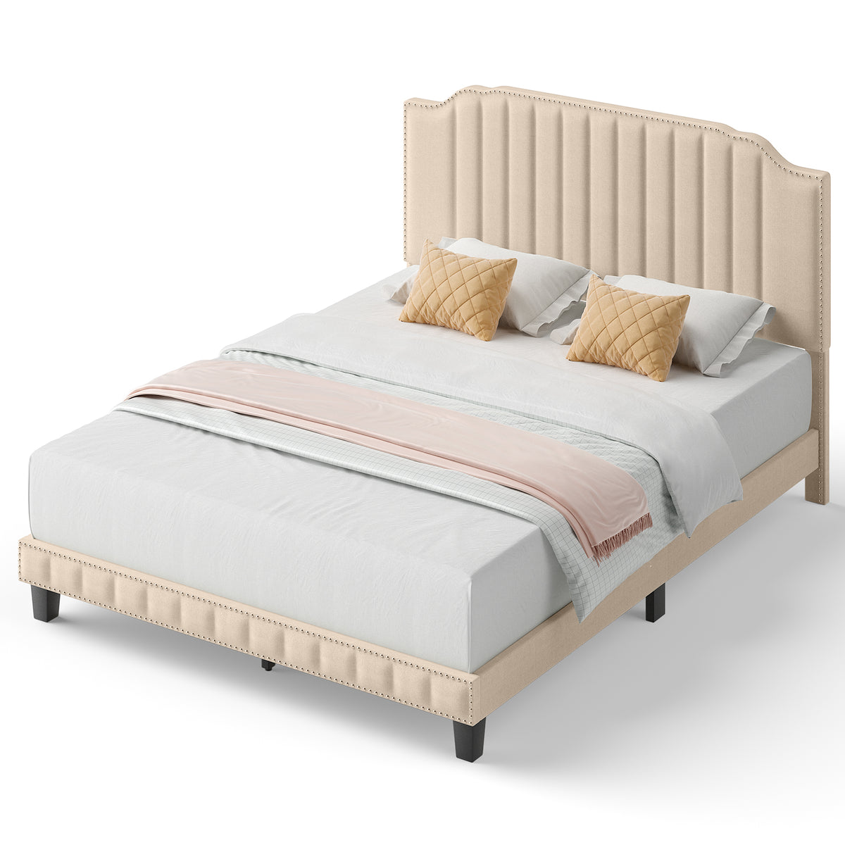 Heavy Duty Upholstered Bed Frame with Rivet Headboard-Queen Size-Simple Bed Frame-DECOROLALA