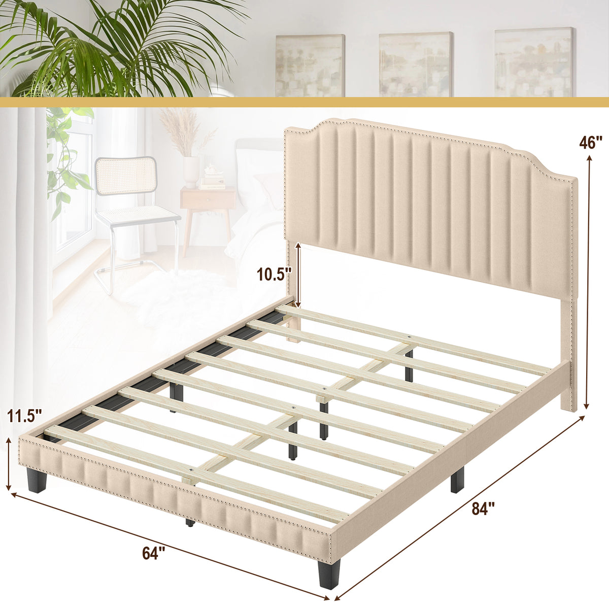 Heavy Duty Upholstered Bed Frame with Rivet Headboard-Queen Size-Simple Bed Frame-DECOROLALA